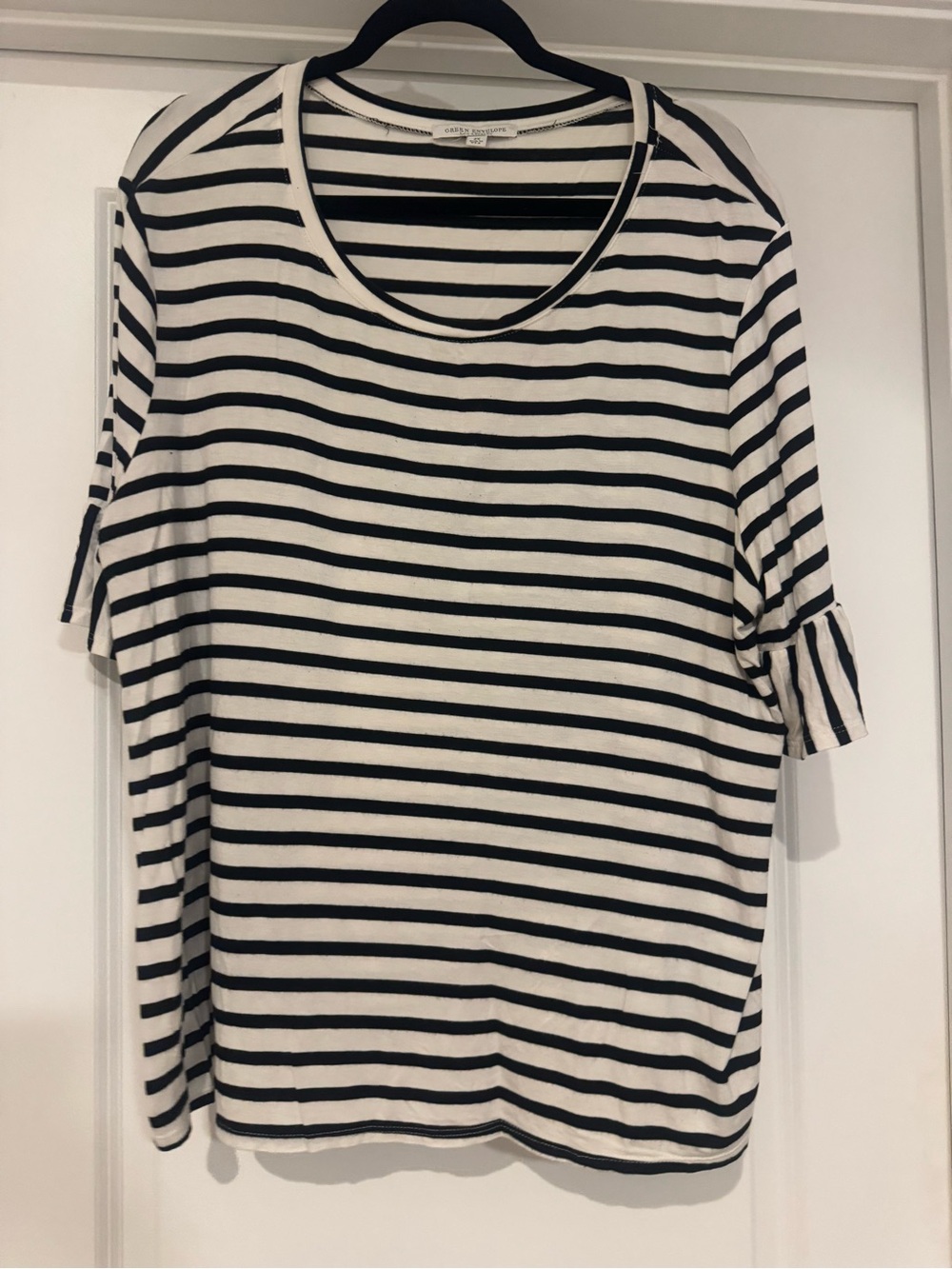 Green Envelope Black and White Striped Short Sleeve Tee